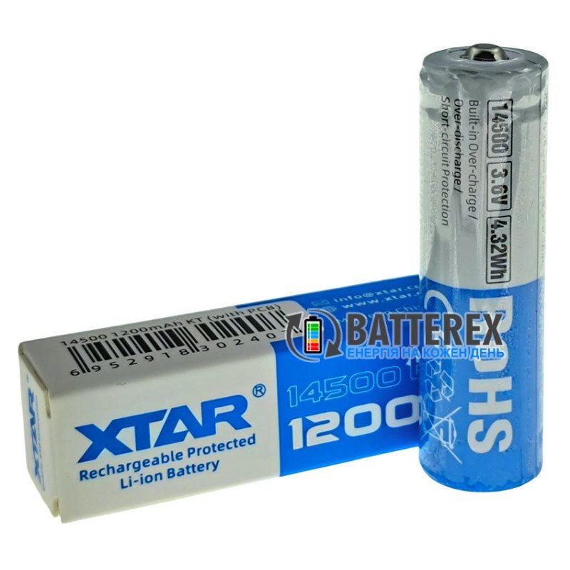 Аккумулятор Li-ion 14500 XTAR 1200mah 3.7V 2.5A Protected с платой защиты