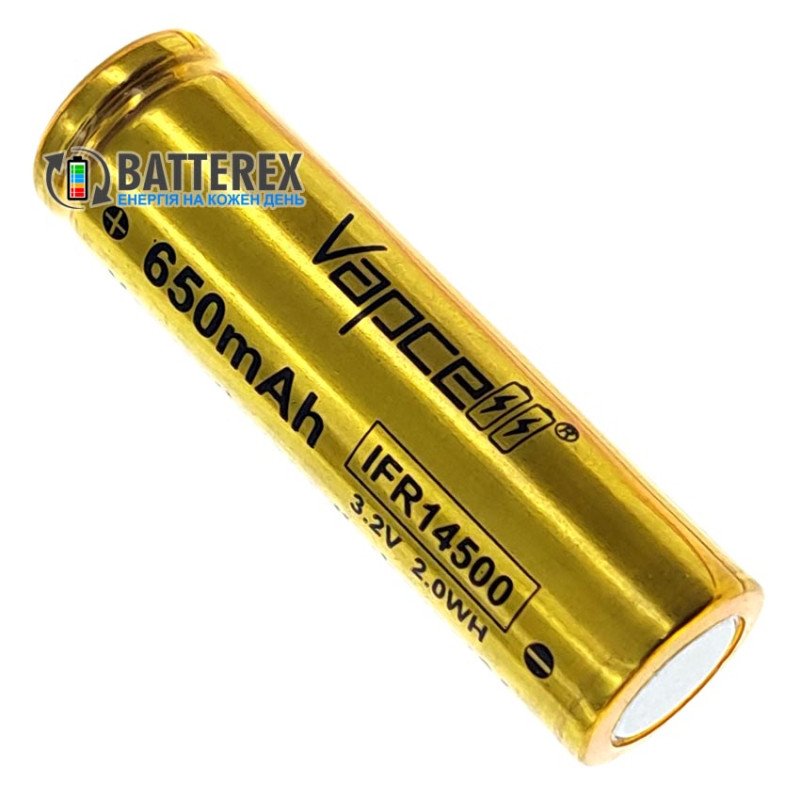 Акумулятор 14500 LiFePO4 Vapcell IFR14500 650mah 3.2V 2A Button Top без захисту із виступаючим плюсом