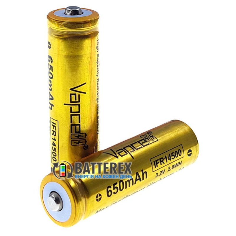 Акумулятор 14500 LiFePO4 Vapcell IFR14500 650mah 3.2V 2A Button Top без захисту із виступаючим плюсом