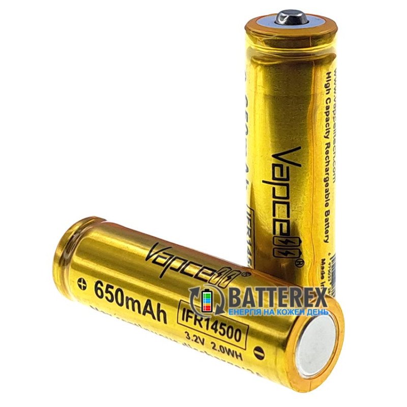 Акумулятор 14500 LiFePO4 Vapcell IFR14500 650mah 3.2V 2A Button Top без захисту із виступаючим плюсом