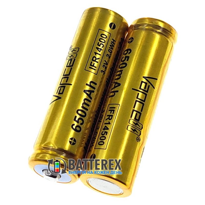Акумулятор 14500 LiFePO4 Vapcell IFR14500 650mah 3.2V 2A Button Top без захисту із виступаючим плюсом