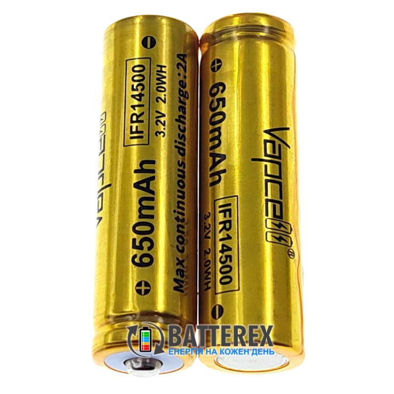 Акумулятор 14500 LiFePO4 Vapcell IFR14500 650mah 3.2V 2A Button Top без захисту із виступаючим плюсом