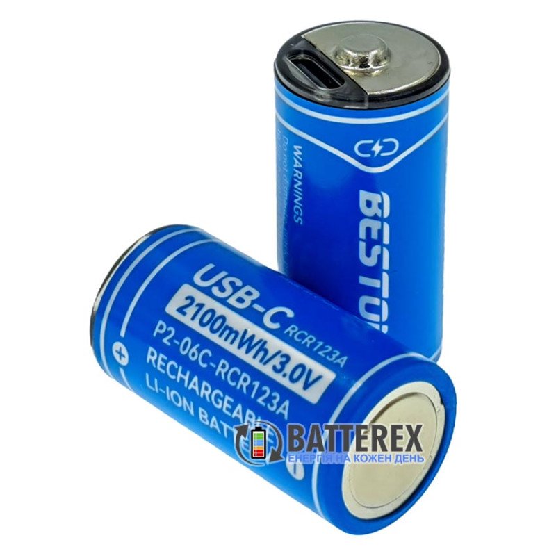 Аккумулятор 16340 CR123A Beston 2100mWh 700mAh 3.0V Protected с зарядкой от USB Type-C, напряжение 3.0 Вольта