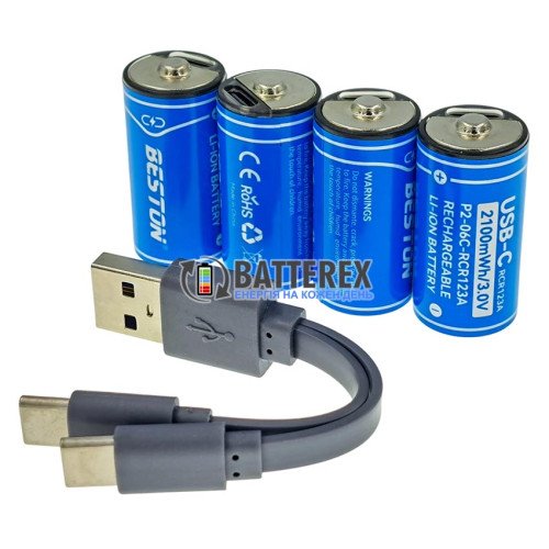 16340 CR123A Beston 2100mWh 700mAh 3.0V Protected USB Type-C, стандартная длина 34 мм, упаковка 4 шт. в пластиковом боксе с зарядным кабелем