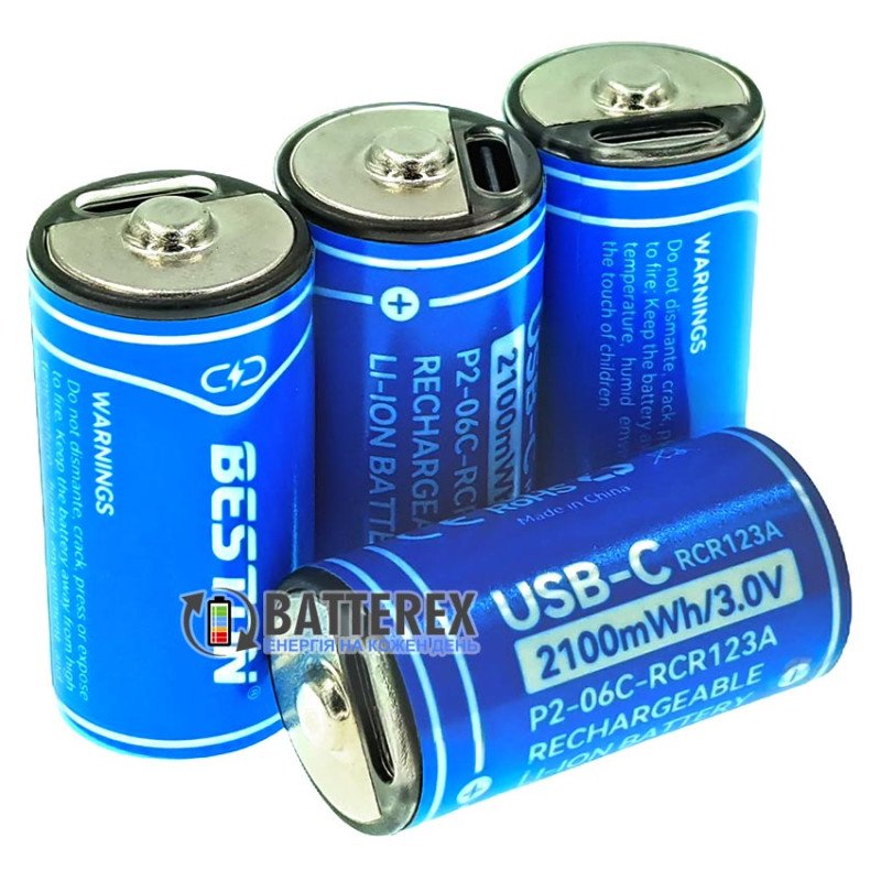 Аккумуляторы 16340 CR123A Beston 2100mWh 700mAh 3.0V Protected USB Type-C - упаковка 4 шт. в пластиковом боксе с двойным кабелем для зарядки