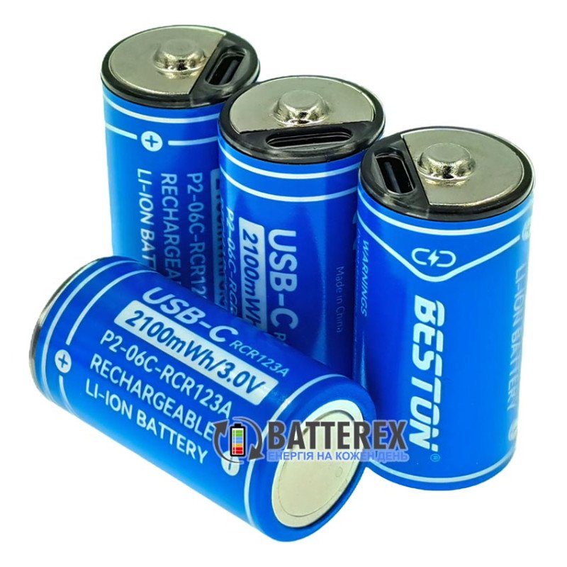 Аккумуляторы 16340 CR123A Beston 2100mWh 700mAh 3.0V Protected USB Type-C - упаковка 4 шт. в пластиковом боксе с двойным кабелем для зарядки