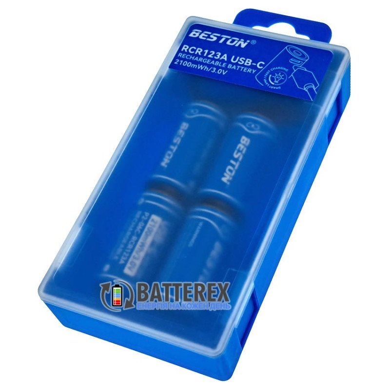 Аккумуляторы 16340 CR123A Beston 2100mWh 700mAh 3.0V Protected USB Type-C - упаковка 4 шт. в пластиковом боксе с двойным кабелем для зарядки