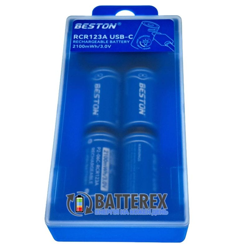Аккумуляторы 16340 CR123A Beston 2100mWh 700mAh 3.0V Protected USB Type-C - упаковка 4 шт. в пластиковом боксе с двойным кабелем для зарядки