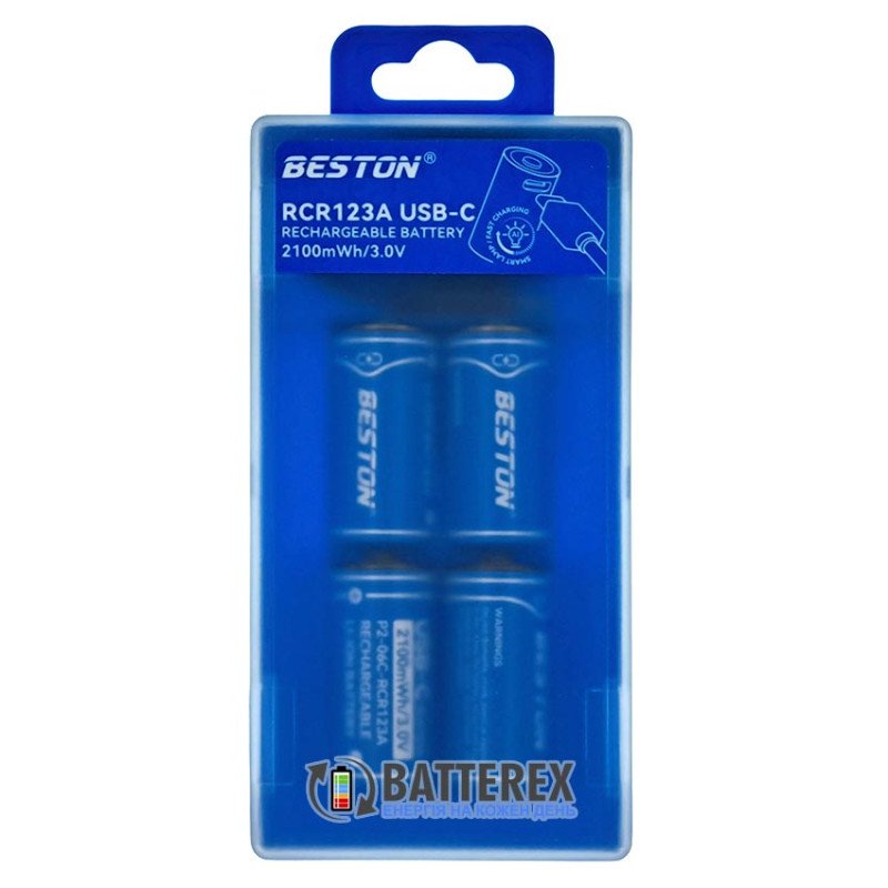 Аккумуляторы 16340 CR123A Beston 2100mWh 700mAh 3.0V Protected USB Type-C - упаковка 4 шт. в пластиковом боксе с двойным кабелем для зарядки