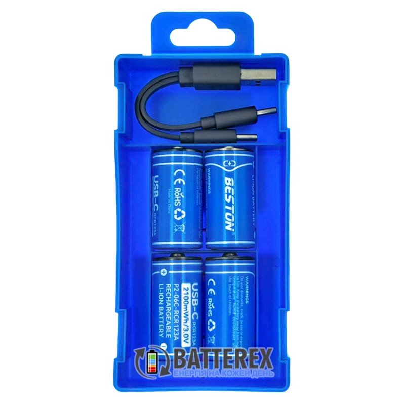 Аккумуляторы 16340 CR123A Beston 2100mWh 700mAh 3.0V Protected USB Type-C - упаковка 4 шт. в пластиковом боксе с двойным кабелем для зарядки
