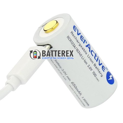 16340 CR123A Everactive EV16340-6530M 650mah 3.0V Protected micro-USB, встроенная зарядка от USB, стандартная длина 34 мм, зарядный кабель в комплекте