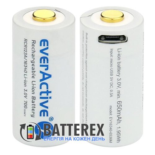 16340 CR123A Everactive EV16340-6530M 650mah 3.0V Protected micro-USB, встроенная зарядка от USB, стандартная длина 34 мм, зарядный кабель в комплекте