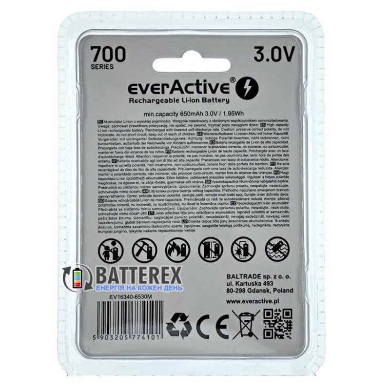 Аккумулятор 16340 CR123A Everactive EV16340-6530M 650mah 3.0V Protected micro-USB