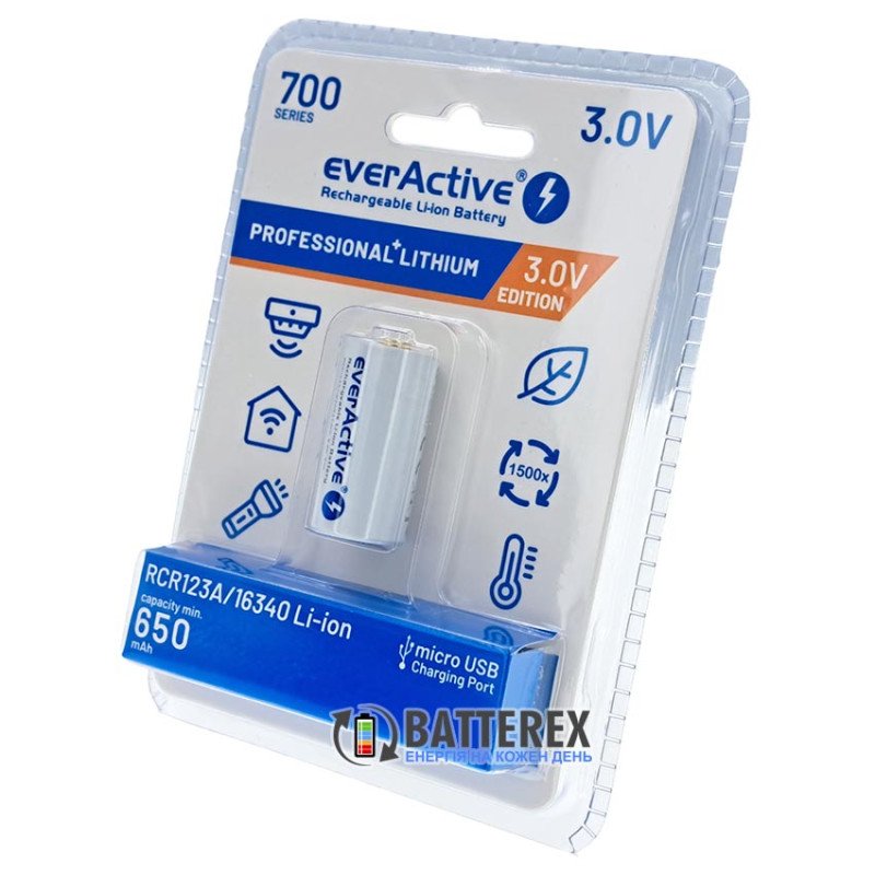 Аккумулятор 16340 CR123A Everactive EV16340-6530M 650mah 3.0V Protected micro-USB