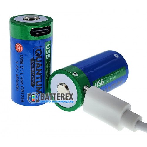 16340 CR123A Quantum 450mah 3.7V Protected USB Type-C, встроенная зарядка от USB Type-C, стандартная длина 34 мм, зарядный кабель и бокс для хранения в комплекте