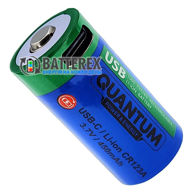 Аккумулятор 16340 CR123A Quantum 450mah 3.7V Protected с зарядкой от USB Type-C, зарядный кабель и бокс в комплекте