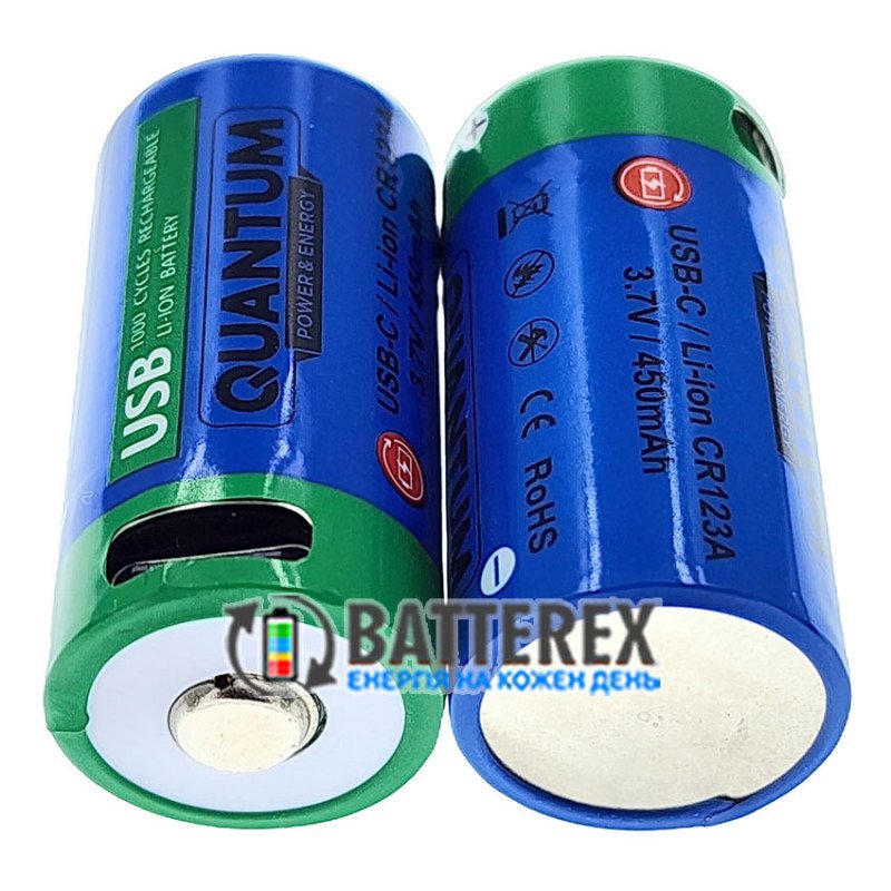 Аккумулятор 16340 CR123A Quantum 450mah 3.7V Protected с зарядкой от USB Type-C, зарядный кабель и бокс в комплекте
