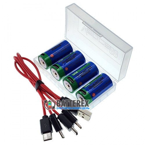 16340 CR123A Quantum 450mah 3.6V Protected USB Type-C - комплект 4 аккумулятора, зарядный кабель и бокс