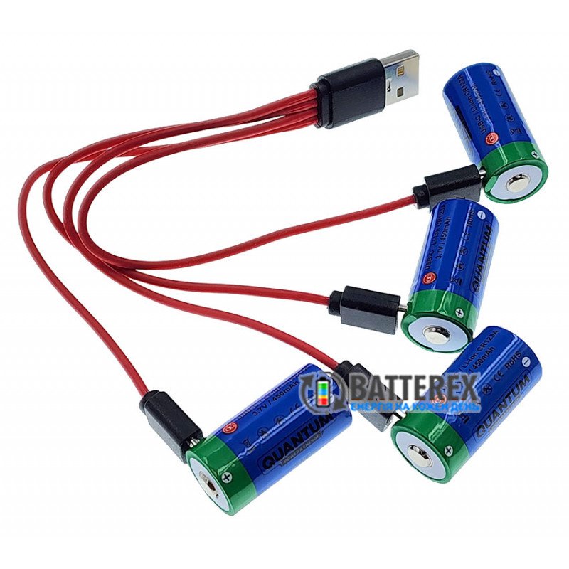 Комплект из 4х аккумуляторов 16340 CR123A Quantum 450mah 3.7V Protected с зарядкой от USB Type-C, зарядный кабель на 4 аккумулятора, бокс для хранения