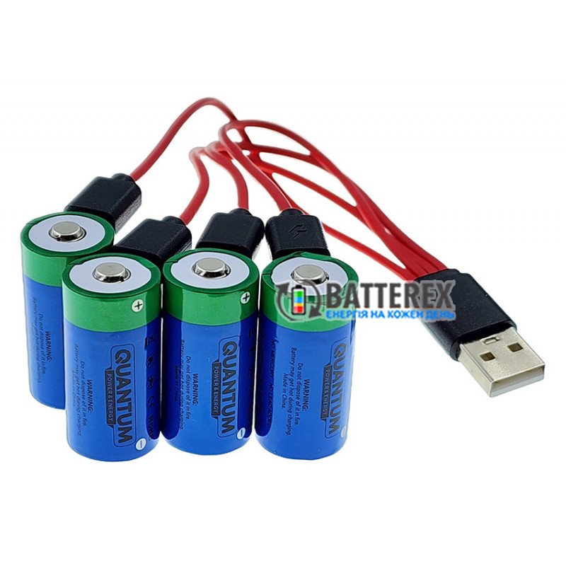 Комплект из 4х аккумуляторов 16340 CR123A Quantum 450mah 3.7V Protected с зарядкой от USB Type-C, зарядный кабель на 4 аккумулятора, бокс для хранения