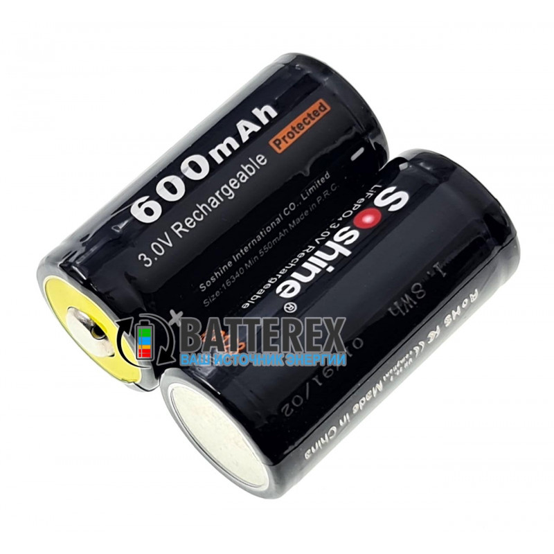 Аккумулятор 16340 CR123A RCR123 Soshine 600mah 3.0V LiFePO4 Protected