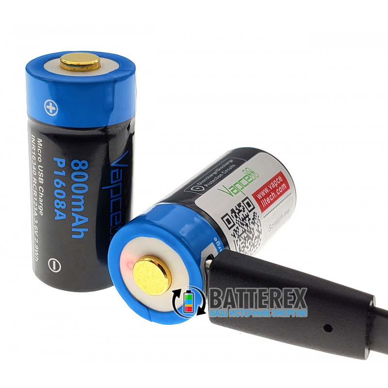 Аккумулятор 16340 CR123A с зарядкой от USB Vapcell 800mah 3,6V Protected с защитой 