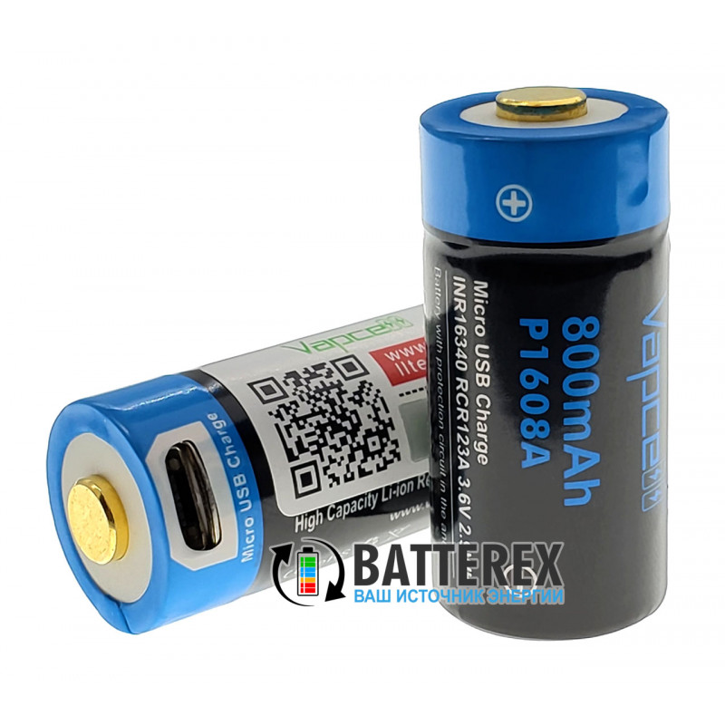 Аккумулятор 16340 CR123A с зарядкой от USB Vapcell 800mah 3,6V Protected с защитой 