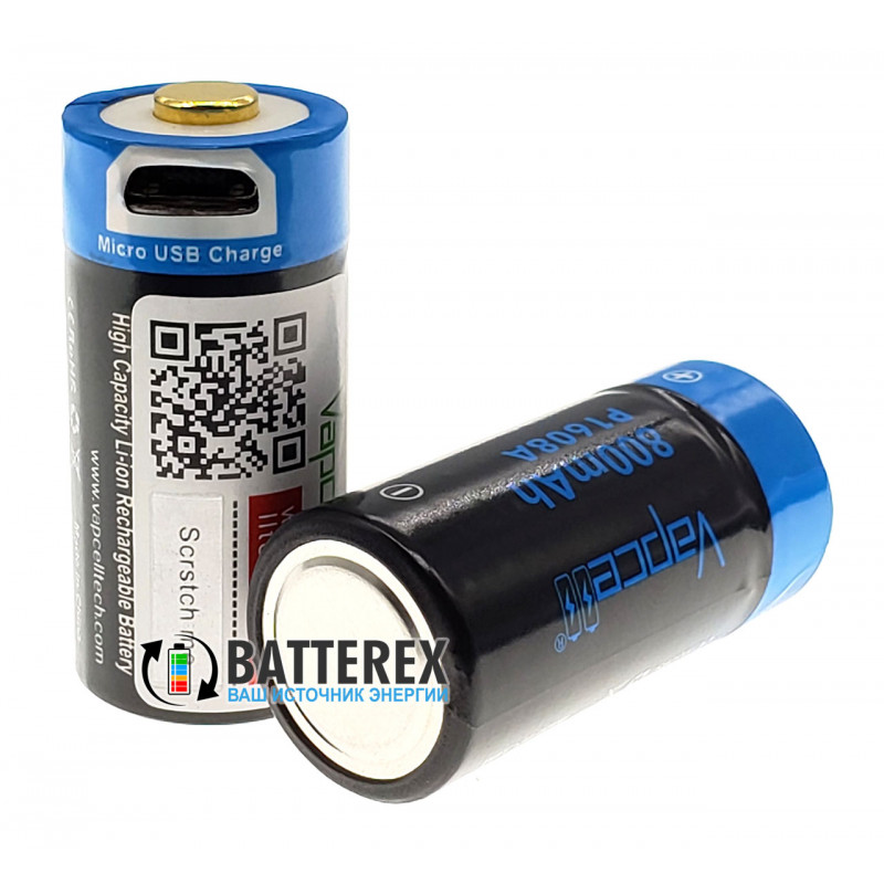 Аккумулятор 16340 CR123A с зарядкой от USB Vapcell 800mah 3,6V Protected с защитой 