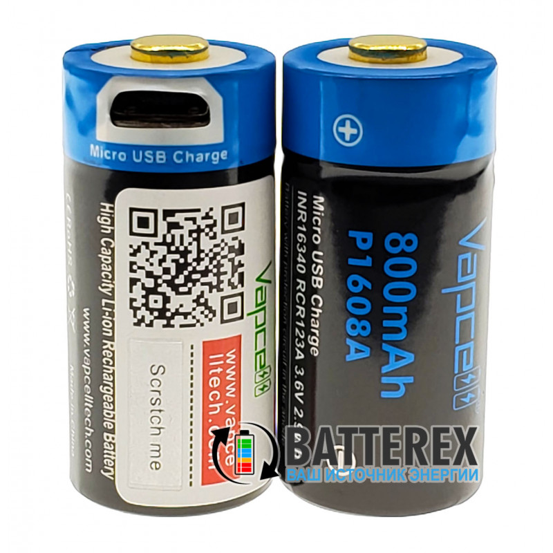 Аккумулятор 16340 CR123A с зарядкой от USB Vapcell 800mah 3,6V Protected с защитой 