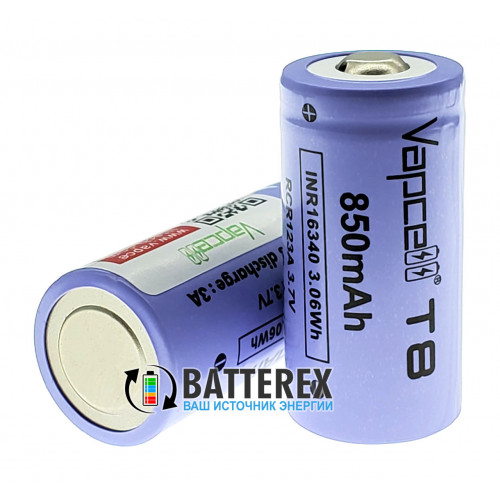 16340 CR123A Vapcell T8 850mah 3.7V 3A без защиты, стандартная длина 34мм, реальная высокая ёмкость