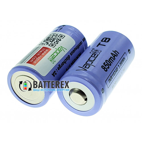 16340 CR123A Vapcell T8 850mah 3.7V 3A без защиты, стандартная длина 34мм, реальная высокая ёмкость