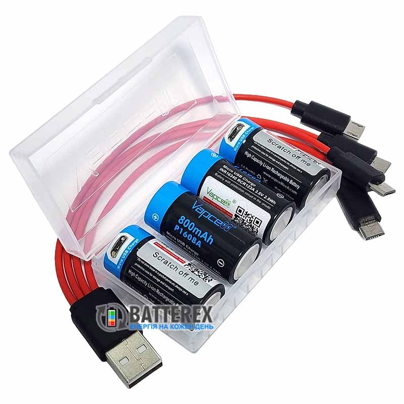 Комплект из 4х аккумуляторов 16340 CR123A с зарядкой от USB Vapcell 800mah 3.6V Protected, зарядный кабель, бокс для хранения