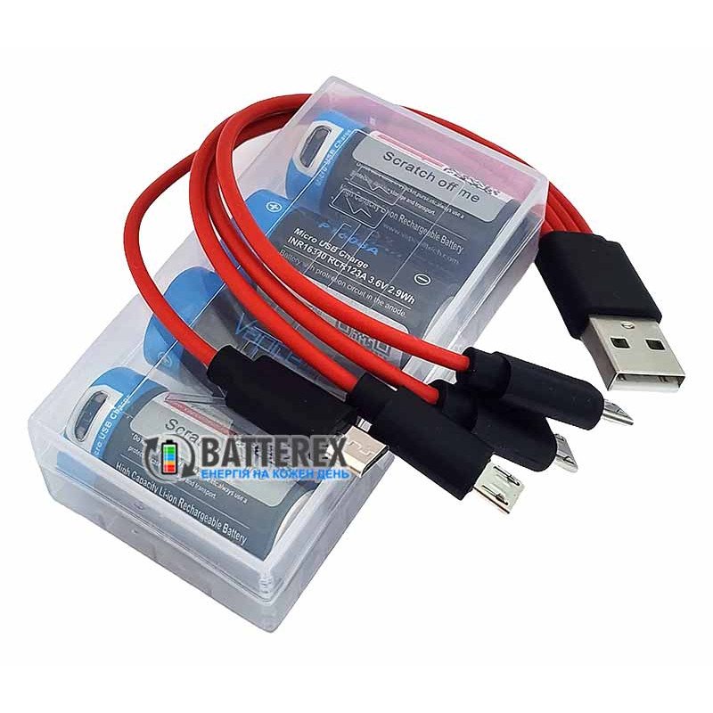 Комплект из 4х аккумуляторов 16340 CR123A с зарядкой от USB Vapcell 800mah 3.6V Protected, зарядный кабель, бокс для хранения