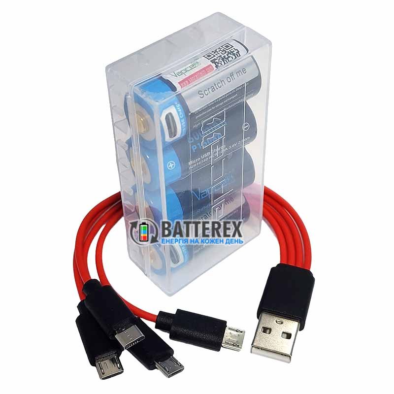 Комплект из 4х аккумуляторов 16340 CR123A с зарядкой от USB Vapcell 800mah 3.6V Protected, зарядный кабель, бокс для хранения