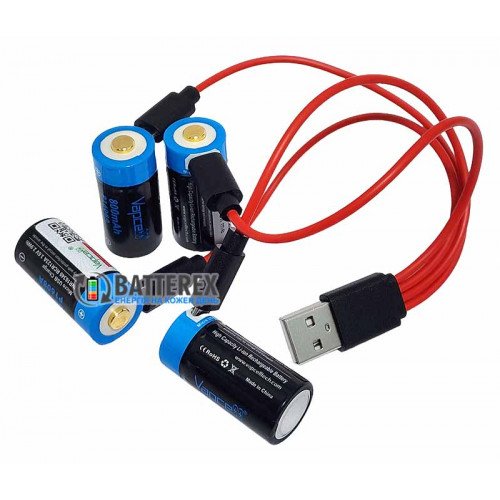 16340 CR123A Vapcell 800mah 3.6V Protected micro USB - комплект 4 аккумулятора, зарядный кабель и бокс