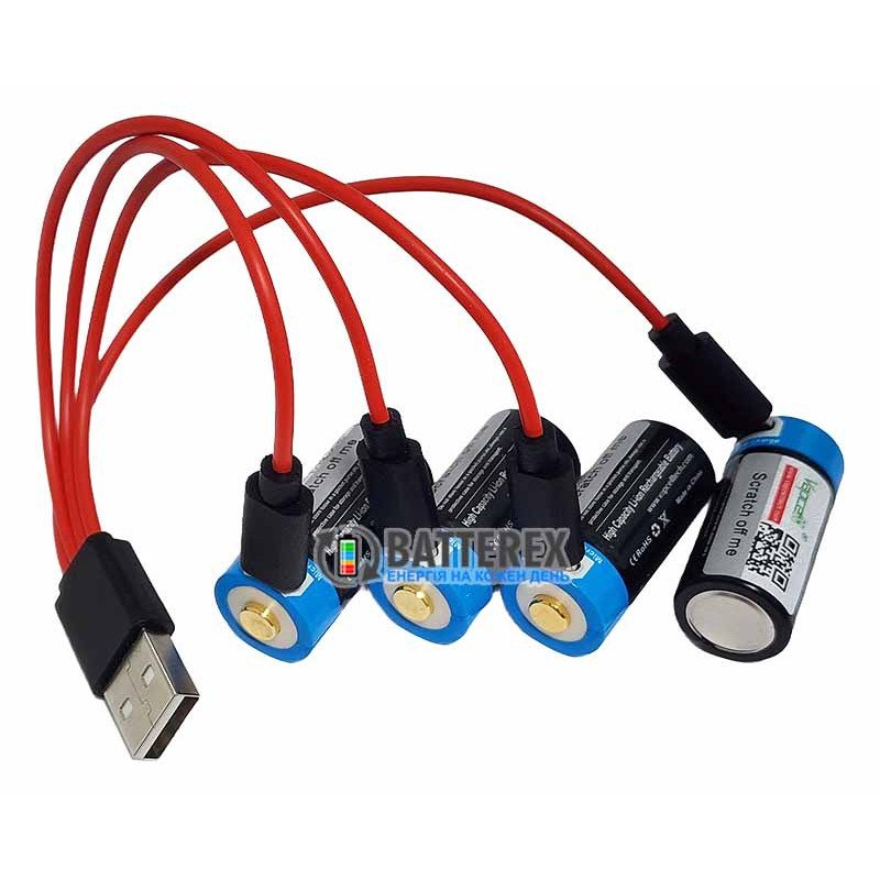 Комплект из 4х аккумуляторов 16340 CR123A с зарядкой от USB Vapcell 800mah 3.6V Protected, зарядный кабель, бокс для хранения