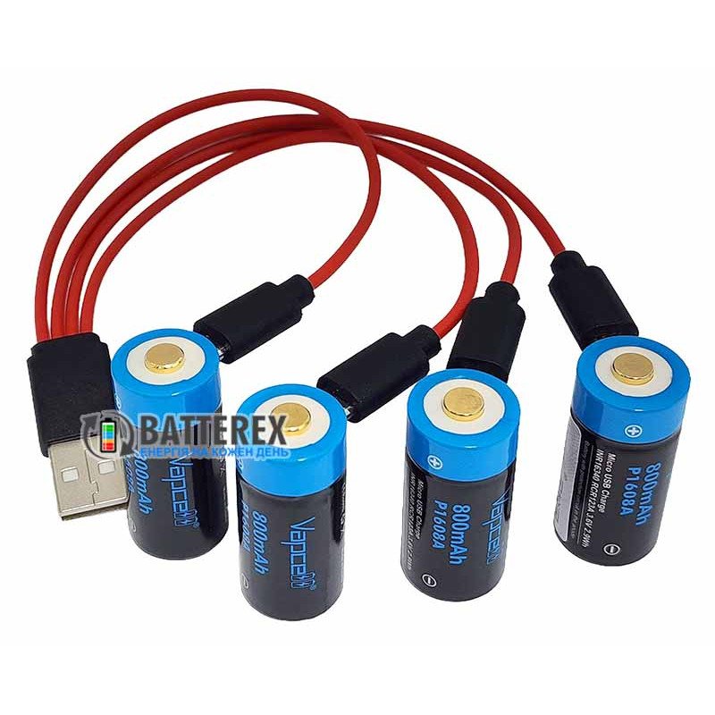 Комплект из 4х аккумуляторов 16340 CR123A с зарядкой от USB Vapcell 800mah 3.6V Protected, зарядный кабель, бокс для хранения