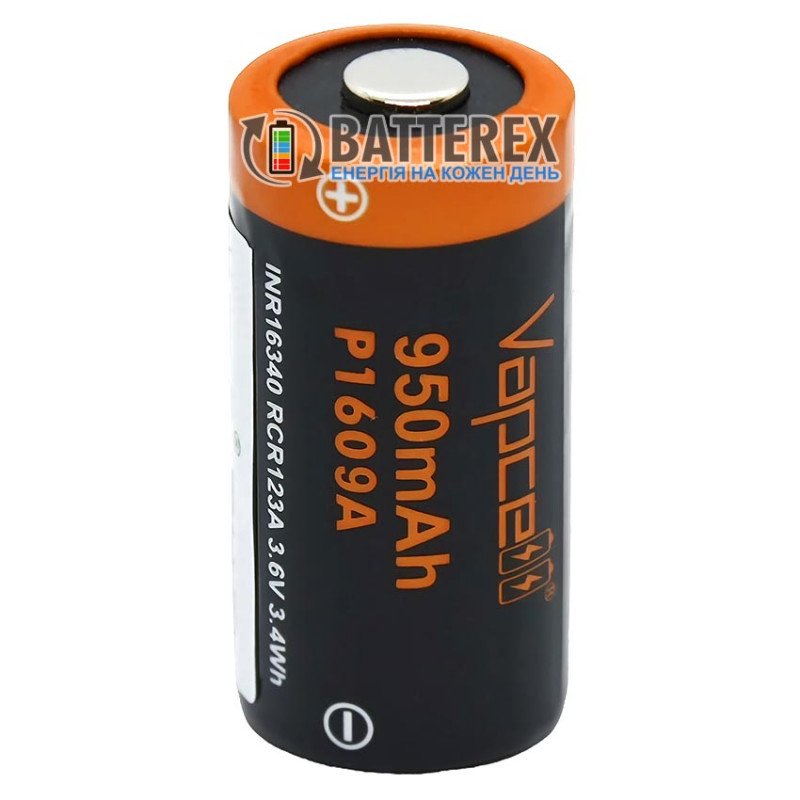Акумулятор 16340 CR123A Li-ion Vapcell 950mah 3.6V 3A Protected із захистом, стандартна довжина 34мм як у батарейок