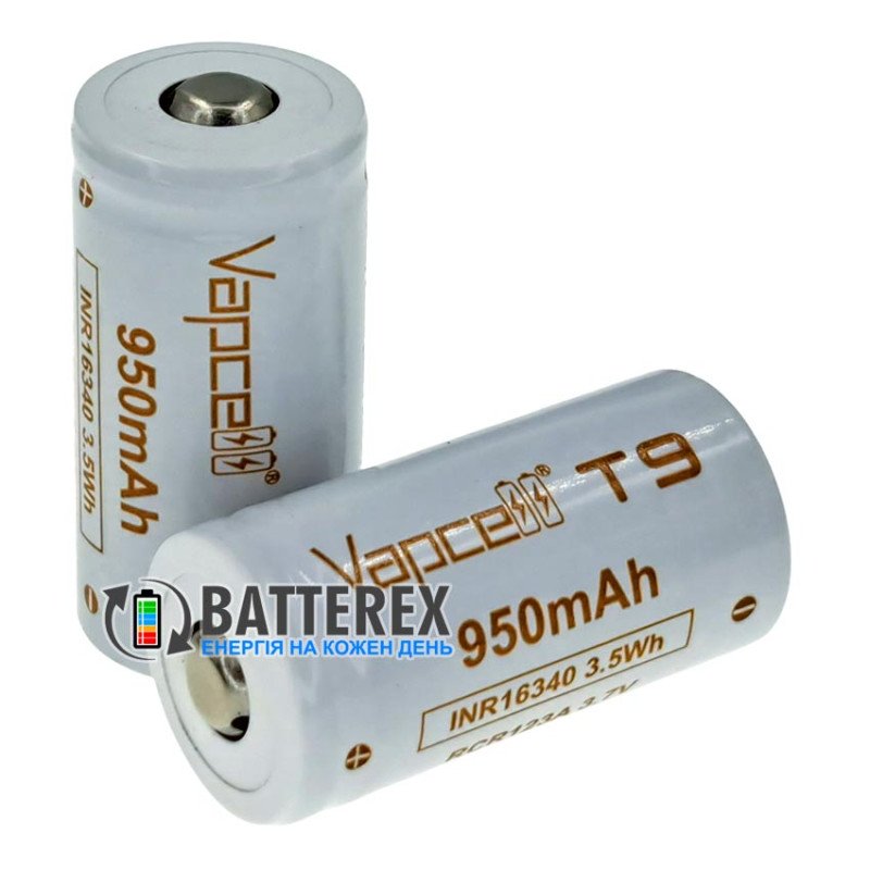 Акумулятор літій-іонний Li-ion 16340 CR123A RCR123A INR Vapcell T9 950mah 3.7V 3A без захисту, стандартна довжина 34мм