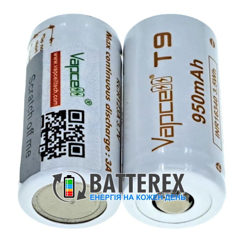 Акумулятор літій-іонний Li-ion 16340 CR123A RCR123A INR Vapcell T9 950mah 3.7V 3A без захисту, стандартна довжина 34мм
