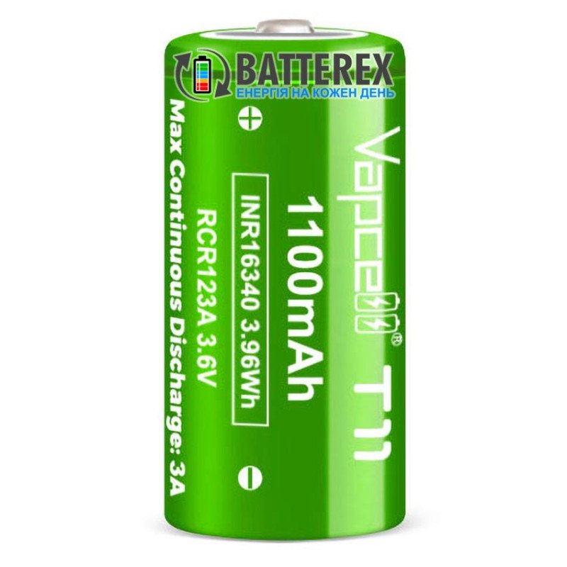 Акумулятор літій-іонний Li-ion 16340 CR123A RCR123A INR Vapcell T11 1100mah 3.6V 3A без захисту, стандартна довжина 35мм