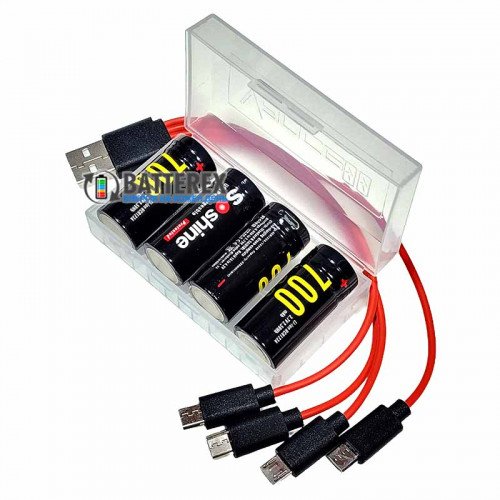 16340 CR123A Soshine 700mah 3.7V Protected micro USB - комплект 4 аккумулятора, зарядный кабель и бокс