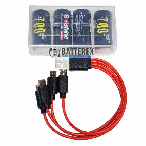 16340 CR123A Soshine 700mah 3.7V Protected micro USB - комплект 4 аккумулятора, зарядный кабель и бокс