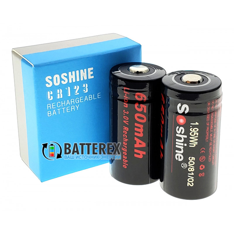 Аккумулятор 16340 (CR123a) Soshine 650mah 3,0V - номинальное напряжение 3В