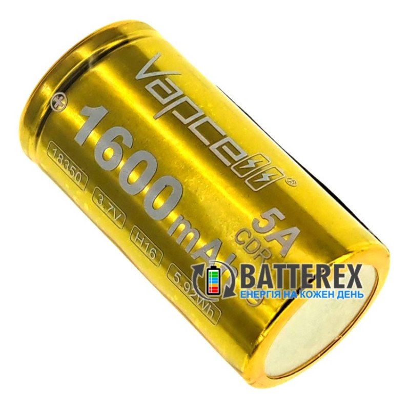 Аккумулятор 18350 Li-ion максимальной ёмкости Vapcell H16 INR 1600mah 3.6V 5A