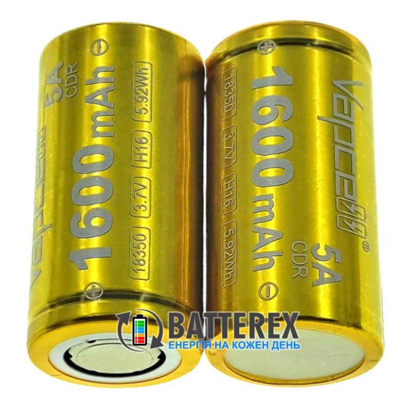 Аккумулятор 18350 Li-ion максимальной ёмкости Vapcell H16 INR 1600mah 3.6V 5A