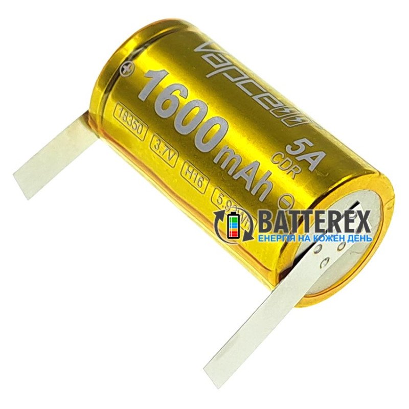 Акумулятор 18350 Li-ion максимальної ємності Vapcell H16 INR 1600mah 3.6V 5A із виводами під пайку