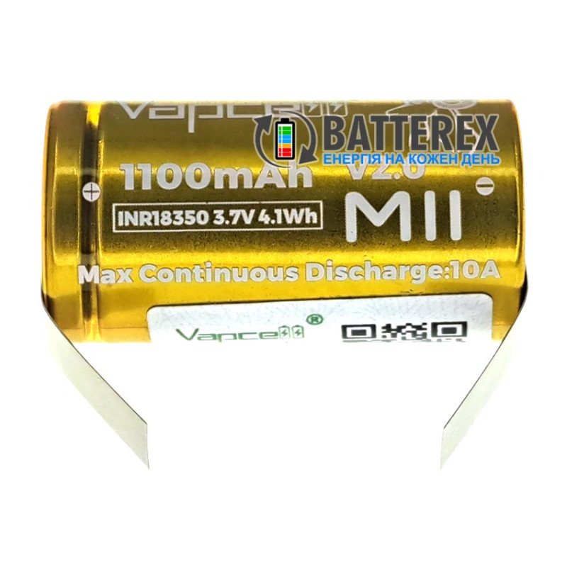 Аккумулятор 18350 Vapcell INR M11 V2.0 1100mah 3.6V 10A высокотоковый под пайку