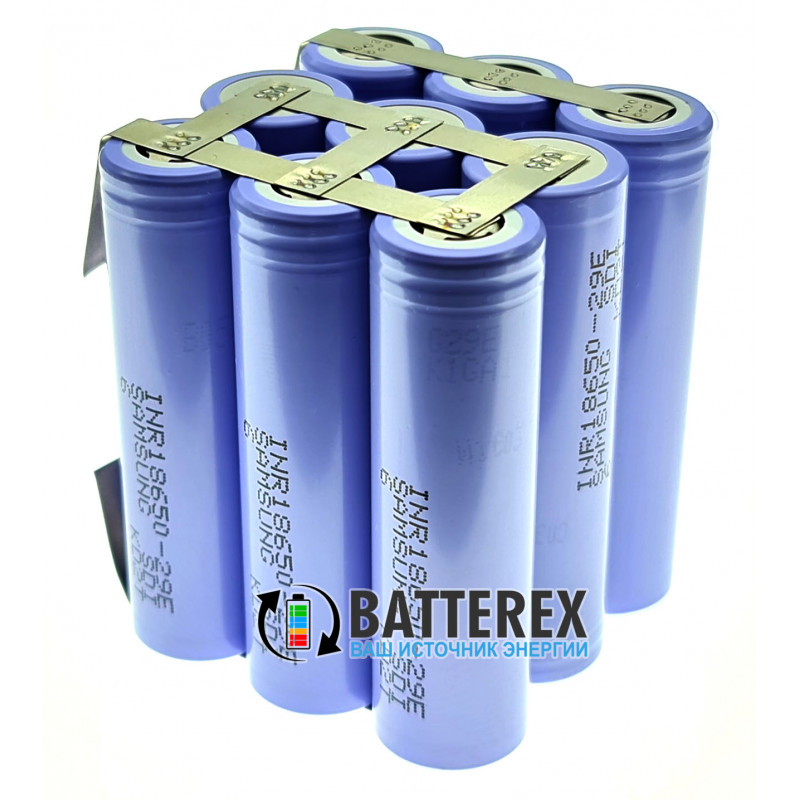 Сборка 3S3P 12V 8700mah из 9 аккумуляторов 18650 Samsung 29E 2900mah 10А (прямоугольная)