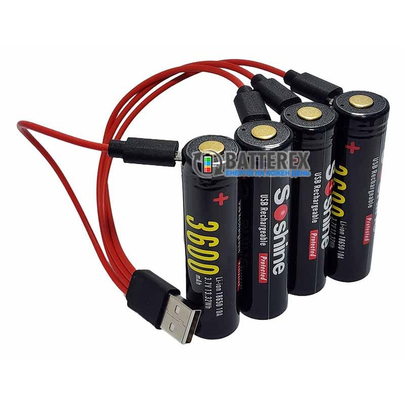 Комплект из 4х аккумуляторов 18650 Soshine 3600mah 3.7V 10A Protected с зарядкой от micro-USB, зарядный кабель на 4 аккумулятора и 2 бокса для хранения